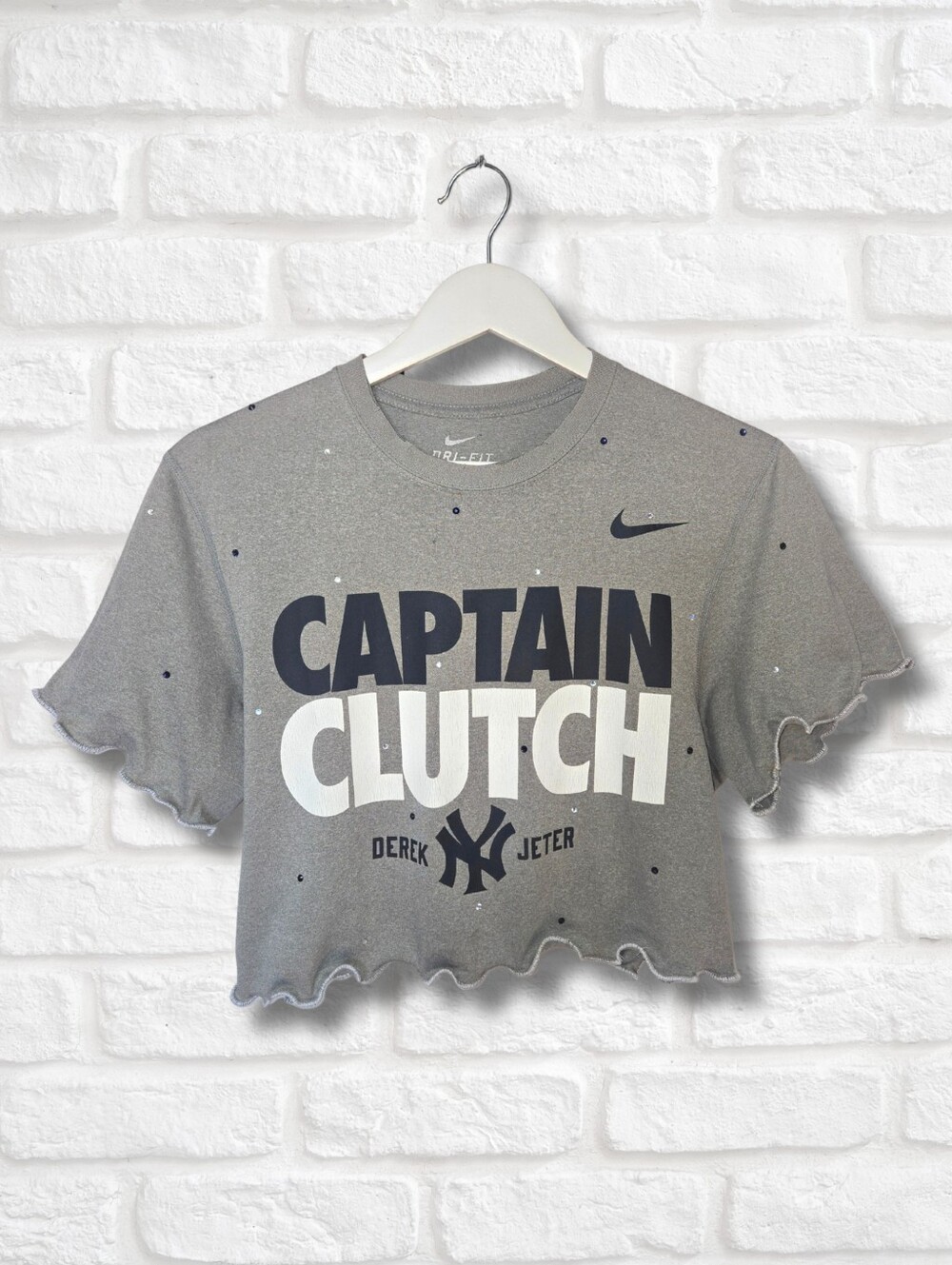 New York Yankees Ruffle Crop Top W/Rhinestones